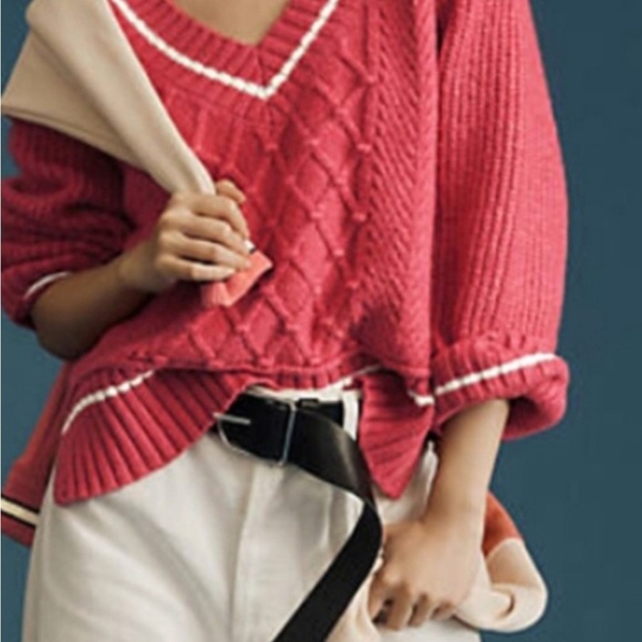 Anthropologie Maeve Sweater The Tillie V-Neck Cable Knit Pullover in Berry Pink - Picture 6 of 14